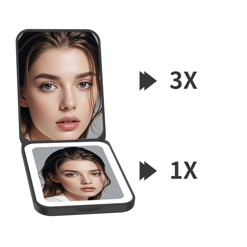 Kintion 2025 Pocket Mirror  1X/3X Magnification LED Compact Travel Makeup Mirror for Purse with 3 Color Lighting  Rechargeable and Dimmable  Portable Lighted Mirror for Women Gifts  Black - Image 5